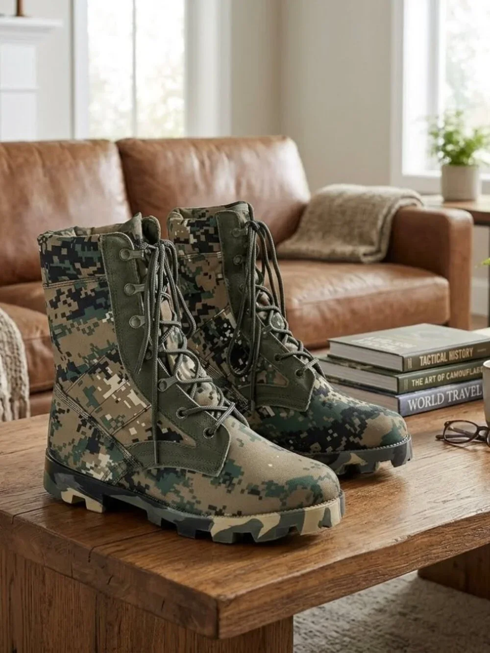 Military Tactical Boots for Work, Green Camo Lace-Up for Men